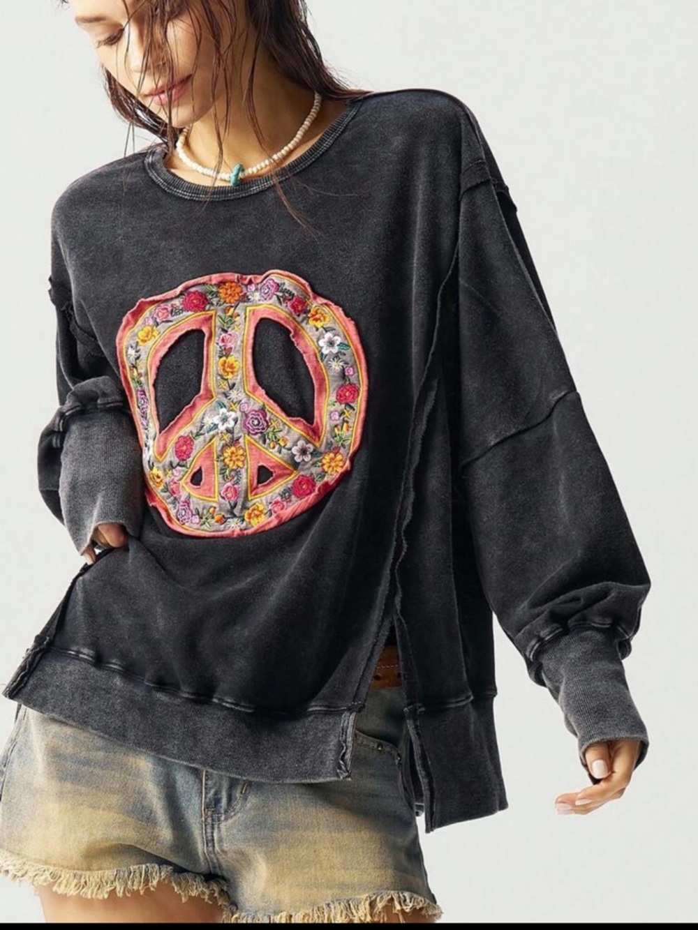 Boho Plus Size Washed Floral Embroidery Applique Sweatshirt Top Charcoal